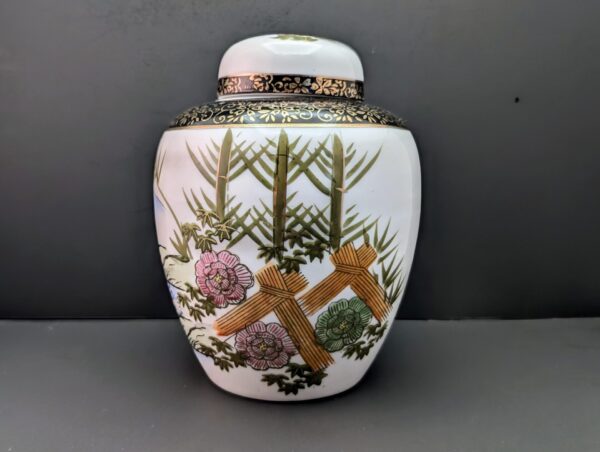 MCM Japanese Ginger Jar: Hand-Painted Seaside Scene with Bamboo, Flowers, Black & Gold Accents