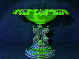 Ornate Uranium Glass Tazza on Silver Pedestal