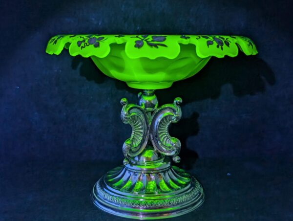 Ornate Uranium Glass Tazza on Silver Pedestal