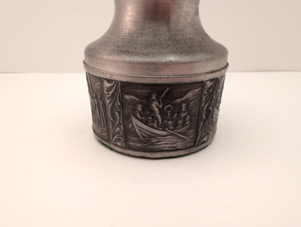 Vintage pewter candlestick, engraved wedding procession, nautical theme