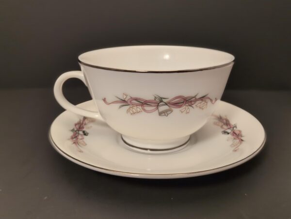 Lefton 25th Teacup & Saucer: Silver Wedding Bells Design