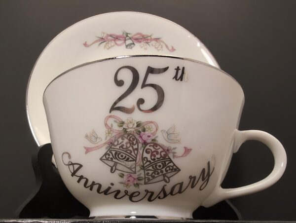 Lefton 25th Anniv. Teacup & Saucer - Silver Wedding Bells