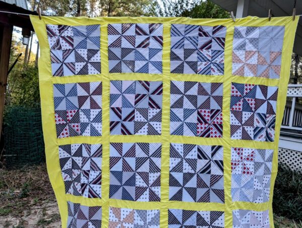 Vintage Quilt Top: Pinwheel Pattern with Yellow Sashing, Clean, Ready to Finish