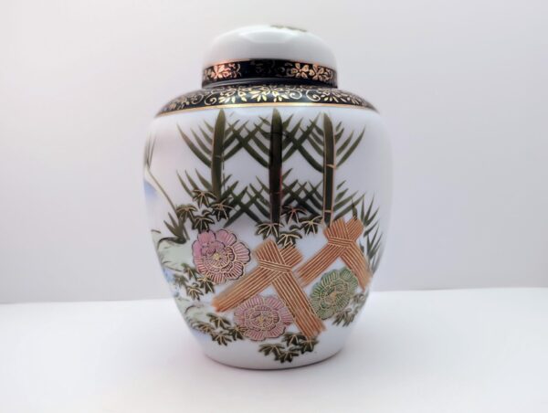 Japanese Ginger Jar - Hand-Painted Seaside Scene, Bamboo, Flowers, Black & Gold