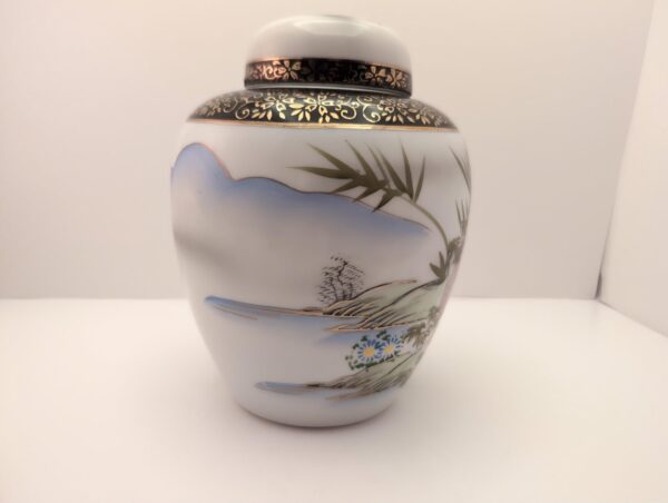 MCM Hand-Painted Japanese Ginger Jar: Seaside Scene with Bamboo & Flowers