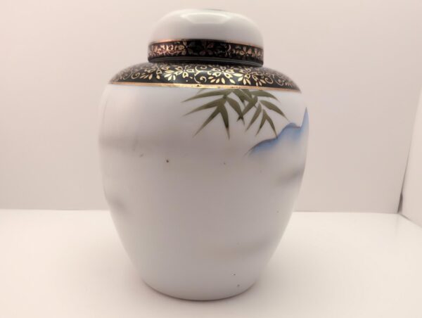 Japanese Ceramic Ginger Jar: Hand-Painted Seaside Scene, Bamboo, Flowers, Black & Gold Accents