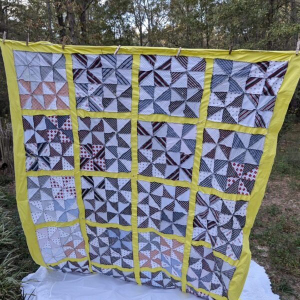 Vintage Quilt Top: Pinwheel Pattern, Bold Yellow Sashing, Ready to Finish