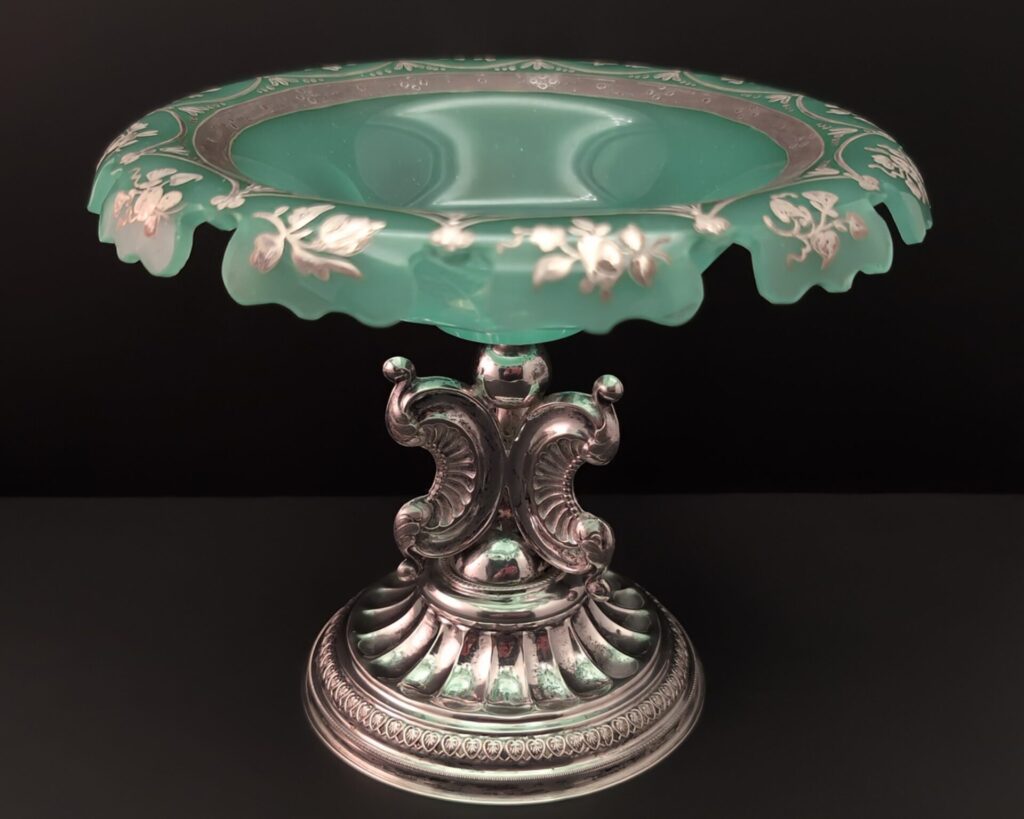 Victorian Opaque Uranium glass tazza bowl on a silver pedestal